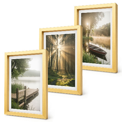 Set 3 tablouri Un lac liniștit, o pădure și o barcă în ceața dimineții