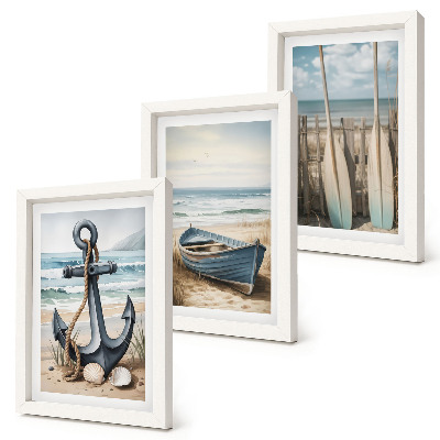 Set 3 tablouri Ancoră de barcă și vâsle pe plajă cu marea