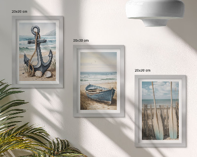 Set 3 tablouri Ancoră de barcă și vâsle pe plajă cu marea