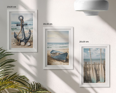 Set 3 tablouri Ancoră de barcă și vâsle pe plajă cu marea