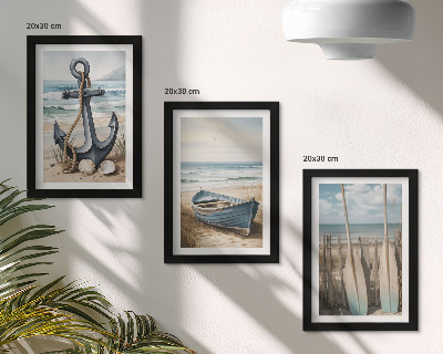 Set 3 tablouri Ancoră de barcă și vâsle pe plajă cu marea