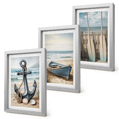 Set 3 tablouri Ancoră de barcă și vâsle pe plajă cu marea