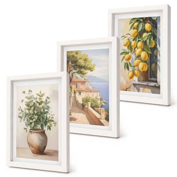 Set 3 tablouri Flori într-o vază cu vedere la mare și lămâi