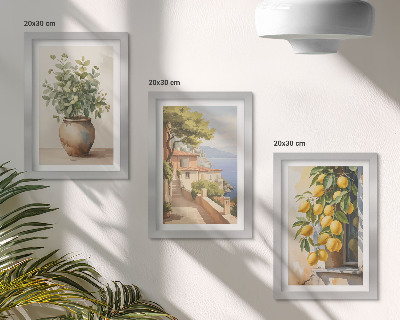 Set 3 tablouri Flori într-o vază cu vedere la mare și lămâi