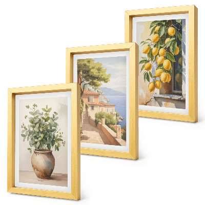 Set 3 tablouri Flori într-o vază cu vedere la mare și lămâi