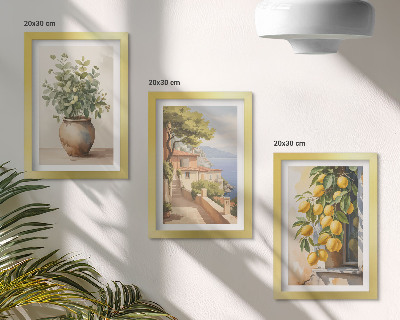 Set 3 tablouri Flori într-o vază cu vedere la mare și lămâi