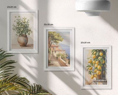 Set 3 tablouri Flori într-o vază cu vedere la mare și lămâi