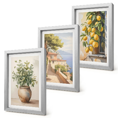 Set 3 tablouri Flori într-o vază cu vedere la mare și lămâi