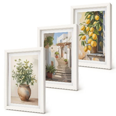 Set 3 tablouri Plante în ghiveci și lămâi pe fundalul unei străzi
