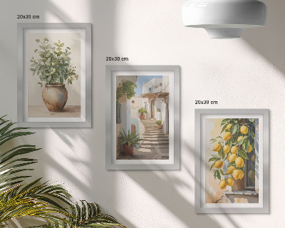 Set 3 tablouri Plante în ghiveci și lămâi pe fundalul unei străzi