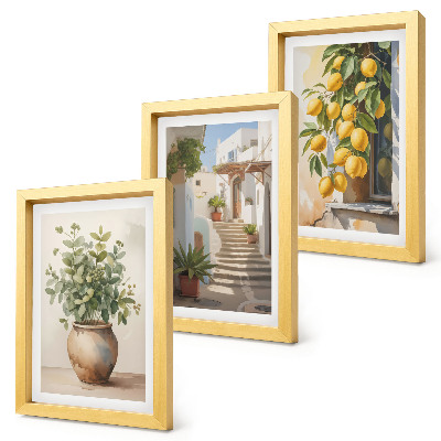 Set 3 tablouri Plante în ghiveci și lămâi pe fundalul unei străzi