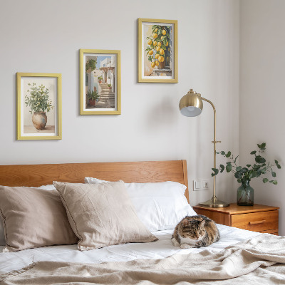 Set 3 tablouri Plante în ghiveci și lămâi pe fundalul unei străzi