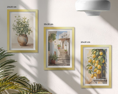 Set 3 tablouri Plante în ghiveci și lămâi pe fundalul unei străzi