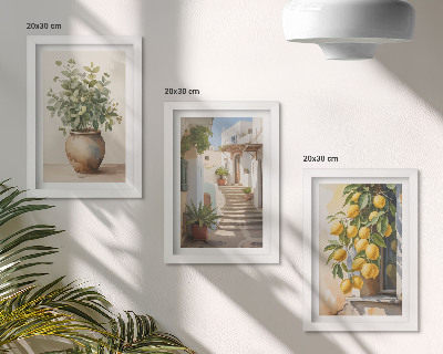 Set 3 tablouri Plante în ghiveci și lămâi pe fundalul unei străzi