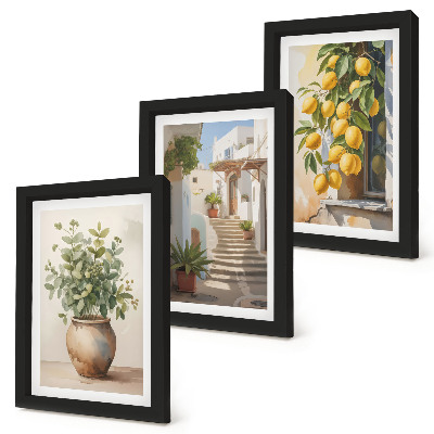 Set 3 tablouri Plante în ghiveci și lămâi pe fundalul unei străzi