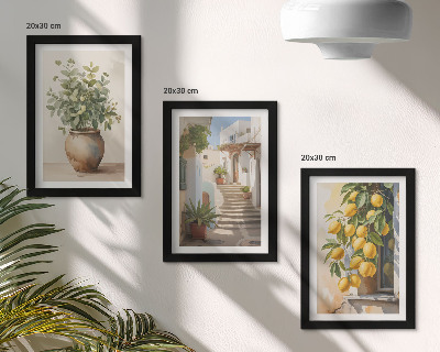 Set 3 tablouri Plante în ghiveci și lămâi pe fundalul unei străzi