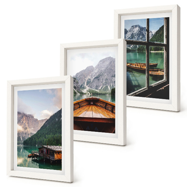 Set 3 tablouri Lac de munte cu o barcă și case din lemn