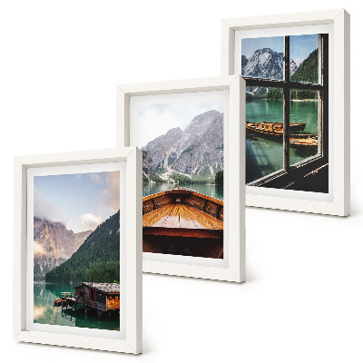 Set 3 tablouri Lac de munte cu o barcă și case din lemn
