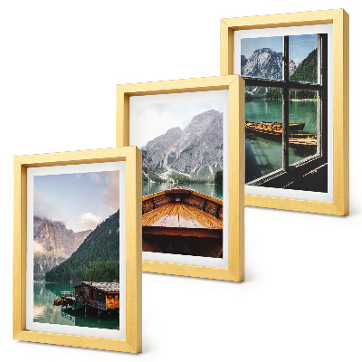Set 3 tablouri Lac de munte cu o barcă și case din lemn