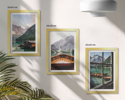 Set 3 tablouri Lac de munte cu o barcă și case din lemn