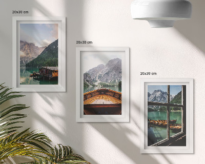 Set 3 tablouri Lac de munte cu o barcă și case din lemn