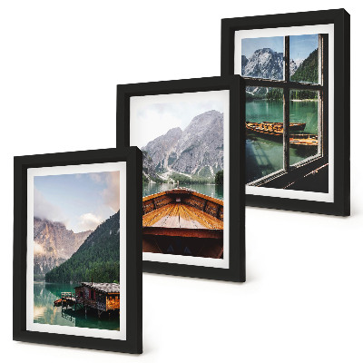 Set 3 tablouri Lac de munte cu o barcă și case din lemn