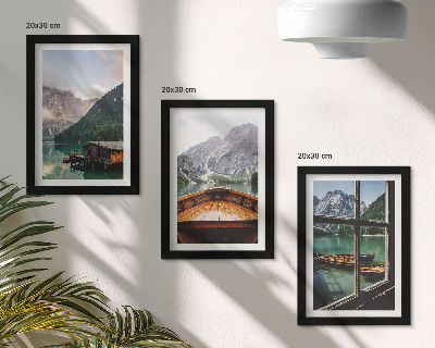 Set 3 tablouri Lac de munte cu o barcă și case din lemn