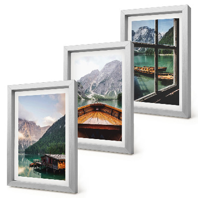 Set 3 tablouri Lac de munte cu o barcă și case din lemn
