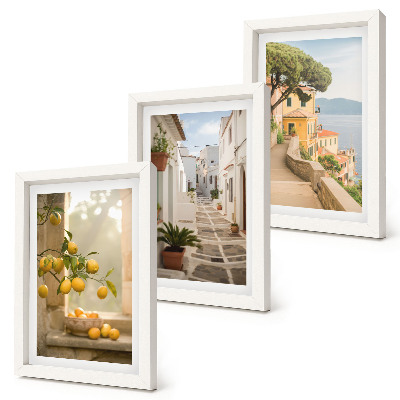 Set 3 tablouri Vedere de la fereastră asupra citricelor și arhitectură de pe malul mării
