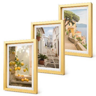 Set 3 tablouri Vedere de la fereastră asupra citricelor și arhitectură de pe malul mării