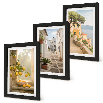Set 3 tablouri Vedere de la fereastră asupra citricelor și arhitectură de pe malul mării