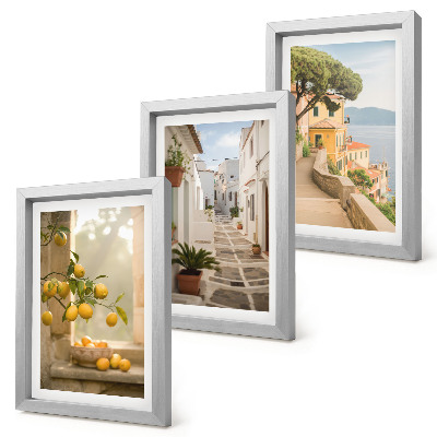 Set 3 tablouri Vedere de la fereastră asupra citricelor și arhitectură de pe malul mării