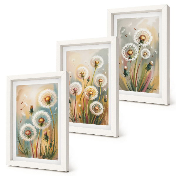 Set 3 tablouri Flori de păpădie pe un fundal de ierburi pastelate