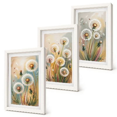 Set 3 tablouri Flori de păpădie pe un fundal de ierburi pastelate