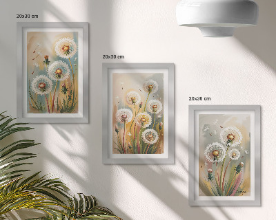 Set 3 tablouri Flori de păpădie pe un fundal de ierburi pastelate