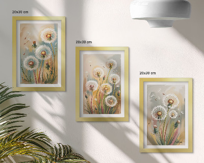 Set 3 tablouri Flori de păpădie pe un fundal de ierburi pastelate