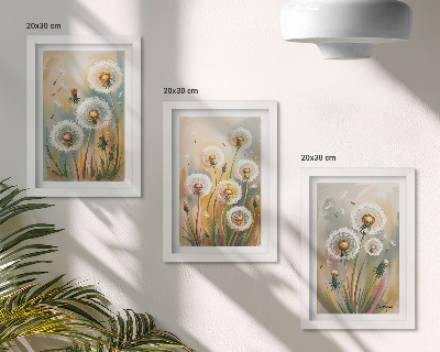 Set 3 tablouri Flori de păpădie pe un fundal de ierburi pastelate