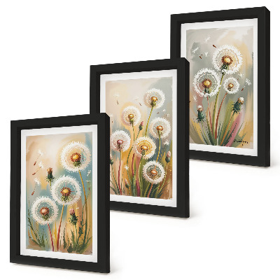 Set 3 tablouri Flori de păpădie pe un fundal de ierburi pastelate