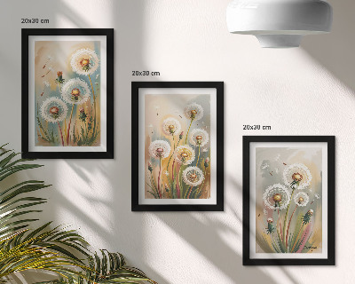 Set 3 tablouri Flori de păpădie pe un fundal de ierburi pastelate