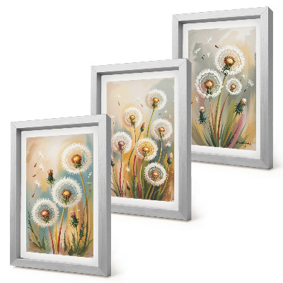 Set 3 tablouri Flori de păpădie pe un fundal de ierburi pastelate