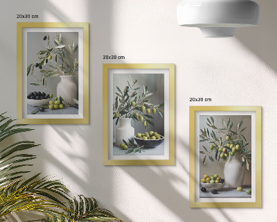 Set 3 tablouri Măsline în vaze cu ramuri pe fundal gri