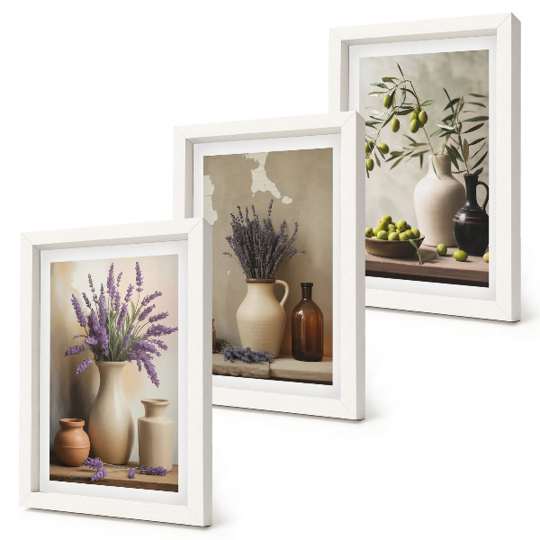 Set 3 tablouri Flori în vaze, măsline și decorațiuni naturale