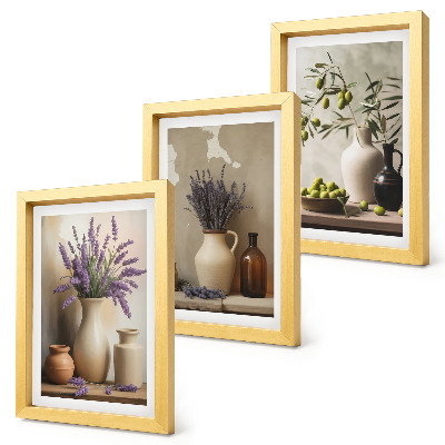 Set 3 tablouri Flori în vaze, măsline și decorațiuni naturale
