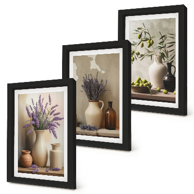 Set 3 tablouri Flori în vaze, măsline și decorațiuni naturale
