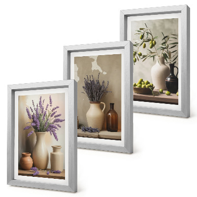 Set 3 tablouri Flori în vaze, măsline și decorațiuni naturale