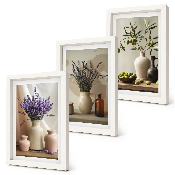 Set 3 tablouri Flori de lavandă, măsline și vase ceramice
