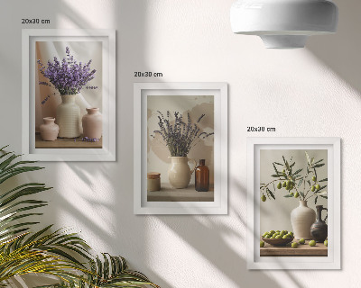 Set 3 tablouri Flori de lavandă, măsline și vase ceramice