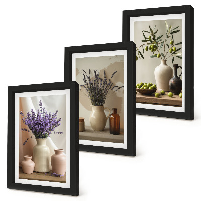 Set 3 tablouri Flori de lavandă, măsline și vase ceramice