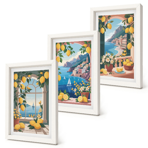 Set 3 tablouri Fereastră cu vedere la mare și lămâi italiene