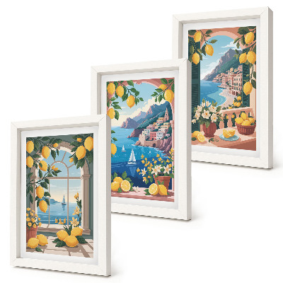 Set 3 tablouri Fereastră cu vedere la mare și lămâi italiene